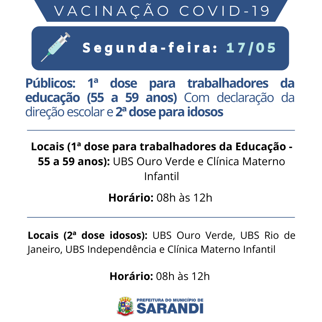 Cronograma de Vacinação contra Covid-19 - Segunda-feira - 17/05/2021
